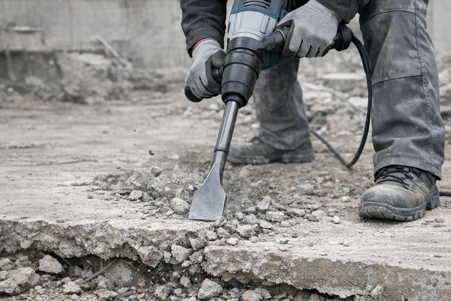 Zdjęcie: Bosch dłuto płaskie do betonu w użyciu - skuwanie płyty betonowej